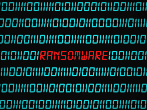 Ein dunkler Bildschirm, auf dem in Rot die Buchstaben Ransomware aufleuchten